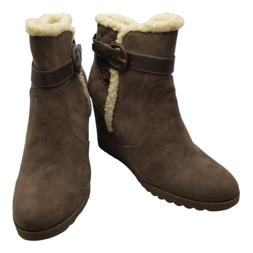 NWT Liz Claiborne Boots Women's Size 10 Reston Faux Suede Faux Fur Wedge Brown